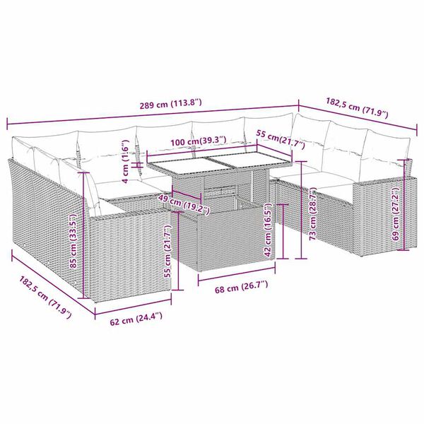 vidaXL Hagesofaer med puter 10 deler brun polyrotting akasie