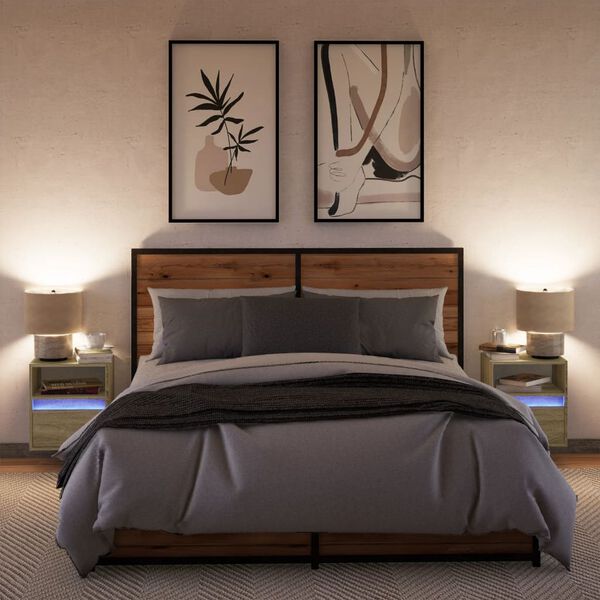 vidaXL Vegghengte nattbord med LED-lys 2 stk sonoma eik