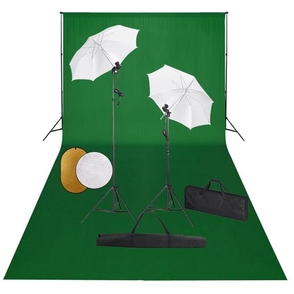 vidaXL Fotostudiosett med lamper, paraplyer, bakgrunn og reflektor