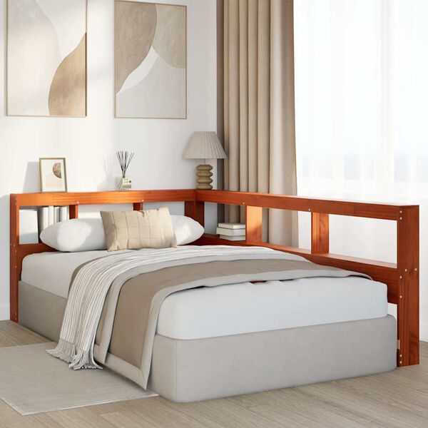 vidaXL Bokhylle sengegavl L-formet voksbrun 120 cm heltre furu
