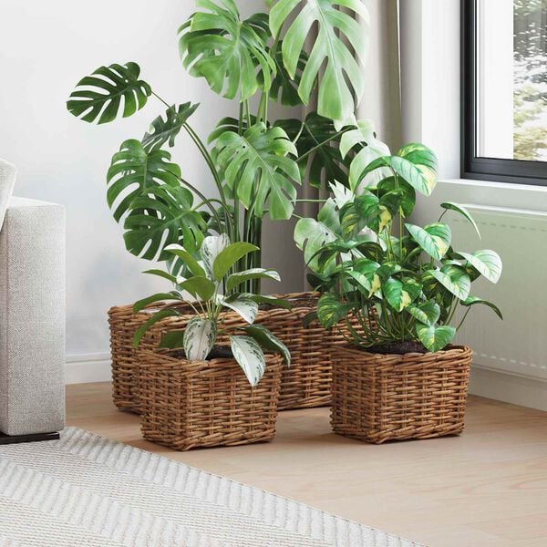 vidaXL Planterkurv med lagring 3 pcs Brun Kubu Rattan