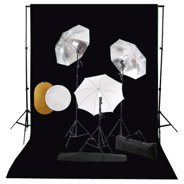 vidaXL Fotostudiosett med lamper, paraplyer, bakgrunn og reflektor