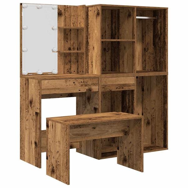 vidaXL Sminkebordsett med LED gammelt tre konstruert tre