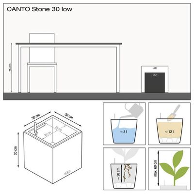 LECHUZA Plantekasse CANTO Stone 30 Low ALL-IN-ONE grafittsvart
