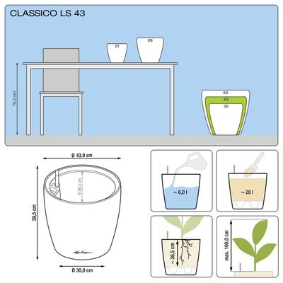 LECHUZA Plantekasse CLASSICO LS 43 ALL-IN-ONE høyglans hvit 16080