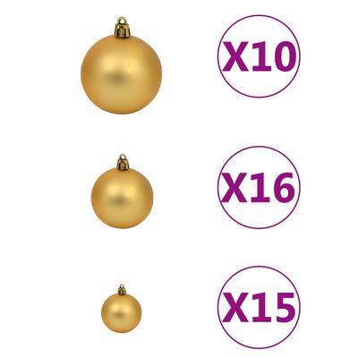 vidaXL Forhåndsbelyst kunstig juletre med kulesett gull 210 cm PVC