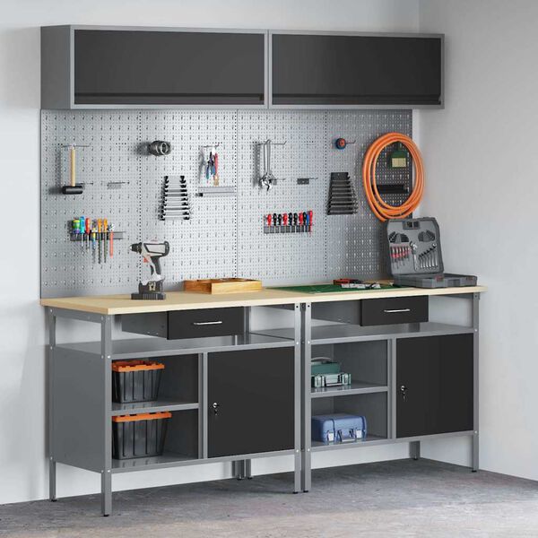 vidaXL Arbeidsbenksett med skuff 8 pcs Svart 200 x 55 x 200 cm Stål