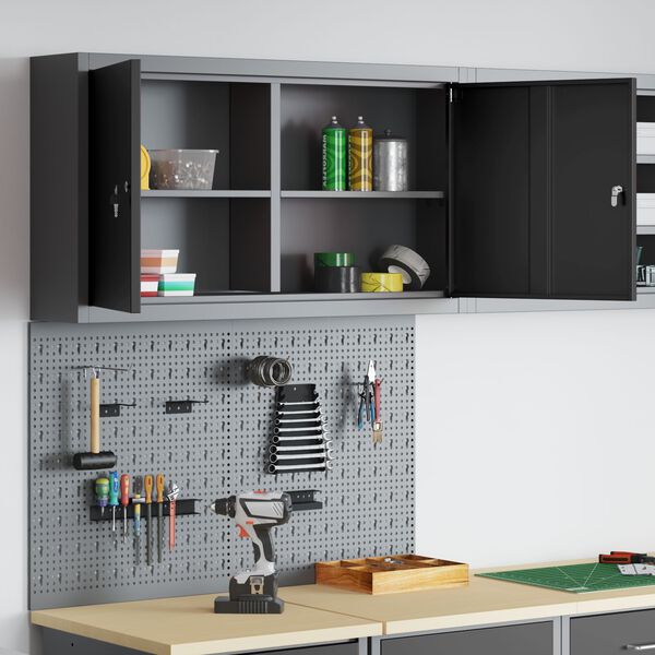 vidaXL Verktøyskab og Pegboard Sett 3 pcs Svart 100 x 20 x 115 cm Stål