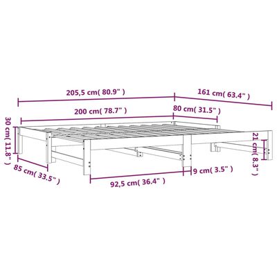 vidaXL Uttrekkbar dagseng 2x(80x200) cm heltre furu
