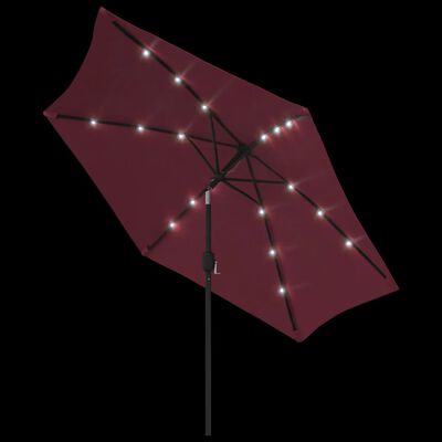 vidaXL Utendørs parasoll med LED-lys og stålstang 300 cm vinrød