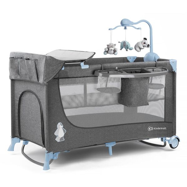 Kinderkraft Sammenleggbar babyseng med tilbeh&oslash;r JOY bl&aring; og gr&aring;