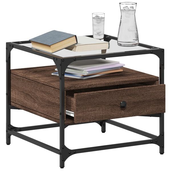 vidaXL Salongbord med brun eik glassplate 50x50x45 cm stål