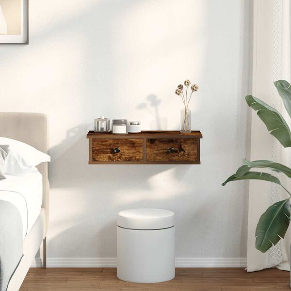 vidaXL Vegghylle med skuffer røkt eik 60x28x15 cm konstruert tre
