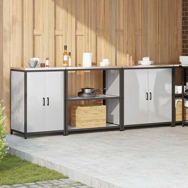 vidaXL Kj&oslash;kkenoppbevaringssett med hylle 3 pcs s&oslash;lv Rustfritt St&aring;l