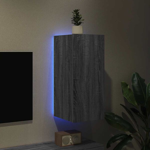 vidaXL Vegghengt TV-benk med LED-lys gr&aring; sonoma 30,5x35x70 cm