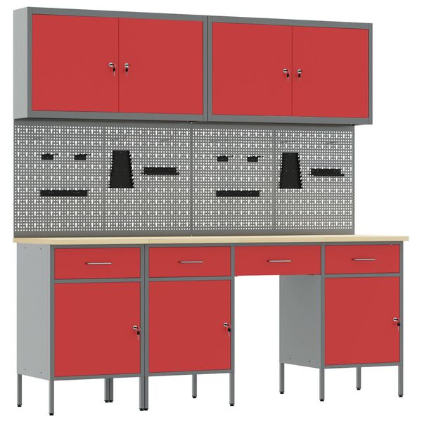 vidaXL Arbeidsbenk med skuff med l&aring;s 10 pcs R&oslash;d 200 x 55 x 200 cm St&aring;l