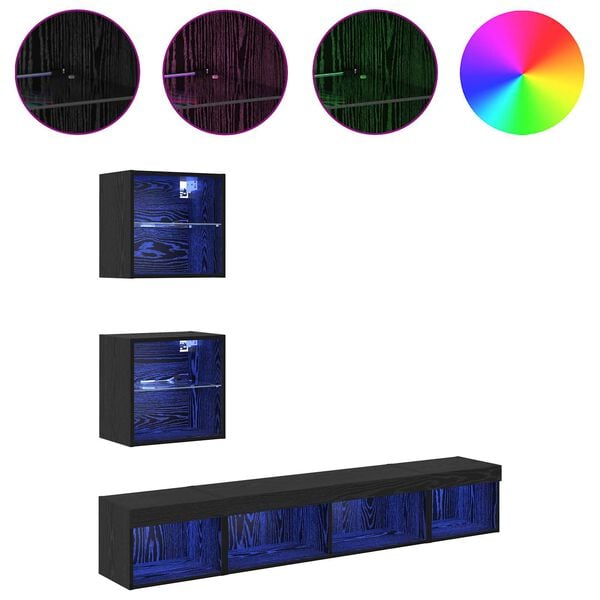 vidaXL TV veggenheter med LED med LED 5 pcs Svart Eik Konstruert tre