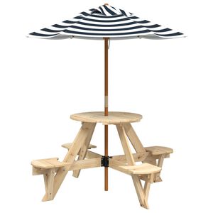 vidaXL Piknikbord for 4 barn med parasoll rund heltre gran