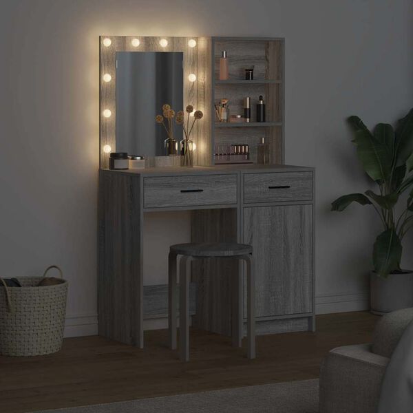 vidaXL Dressingbordsett med LED 2 pcs Gr&aring; Sonoma Konstruert tre