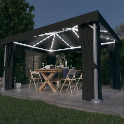 vidaXL Paviljong med gardin og LED-strenglys 4x3 m antrasitt