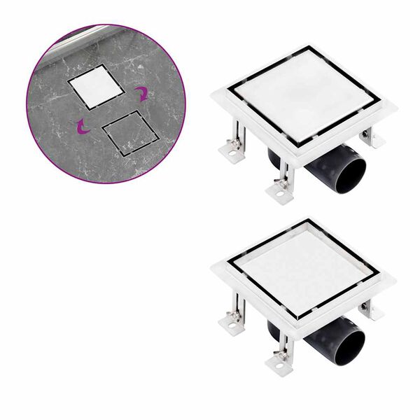 vidaXL Dusjavl&oslash;p 2-i-1 flatt og sluk for flis 15x15 cm rustfritt st&aring;l