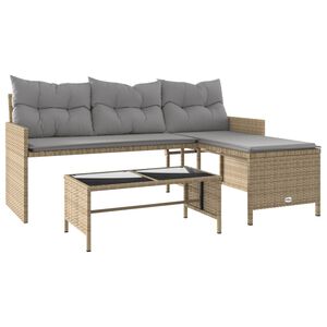 vidaXL Hagesofa med bord og puter L-formet blandet beige polyrotting