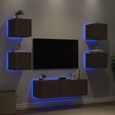 vidaXL Vegghengte TV-benker med LED 5 stk brun eik