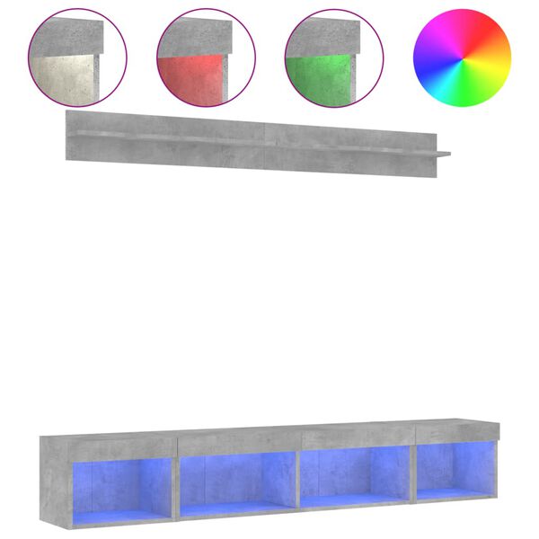 vidaXL Vegghengte TV-enheter med LED 5 deler betonggr&aring; konstruert tre