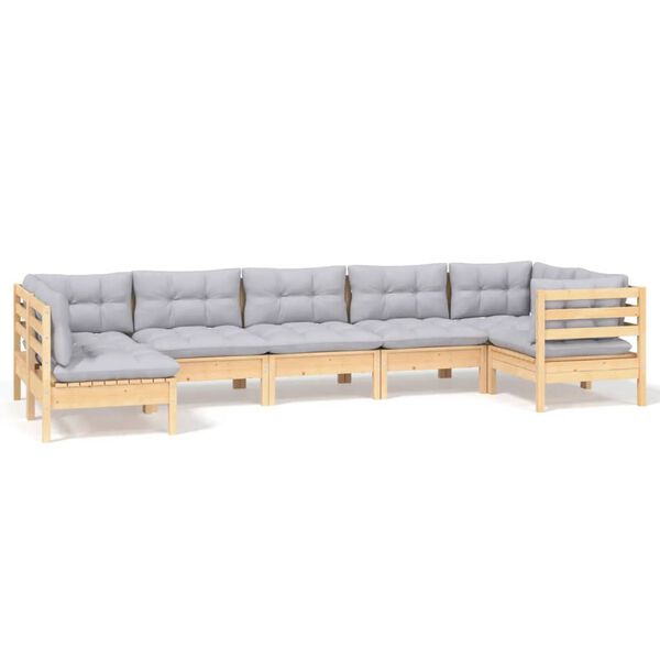 vidaXL Hagesofagruppe med gr&aring; puter 7 deler furu