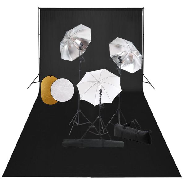 vidaXL Fotostudiosett med lamper, paraplyer, bakgrunn og reflektor