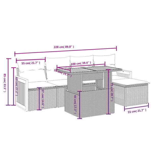 vidaXL Hagesofagruppe med puter 6 deler beige polyrotting