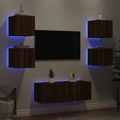 vidaXL Vegghengte TV-enheter med LED 6 deler brun eik konstruert tre