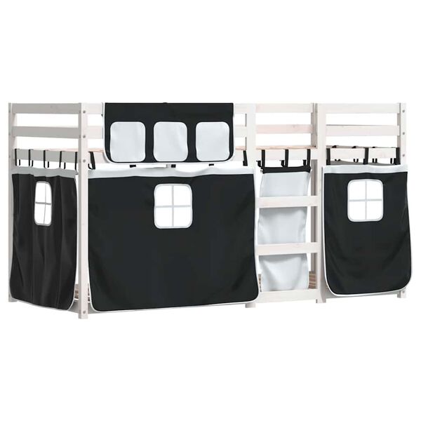 vidaXL Køyeseng for barn gardiner hvit og svart 90x200 cm heltre furu