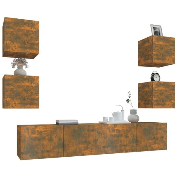 vidaXL TV-skapsett 6 deler r&oslash;kt eik konstruert tre