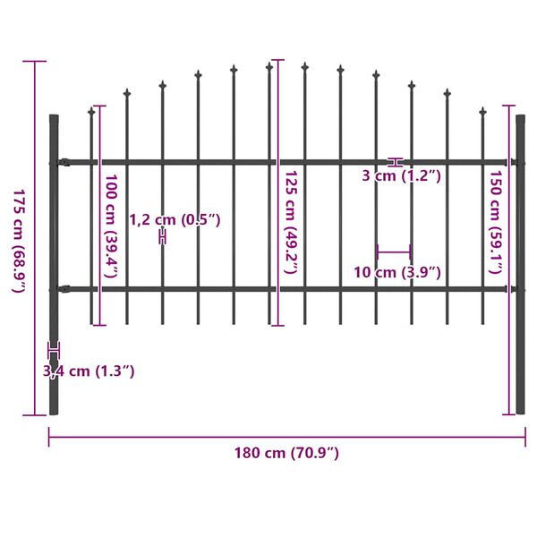vidaXL Hagegjerde med spydtopp stål 181x125 cm svart