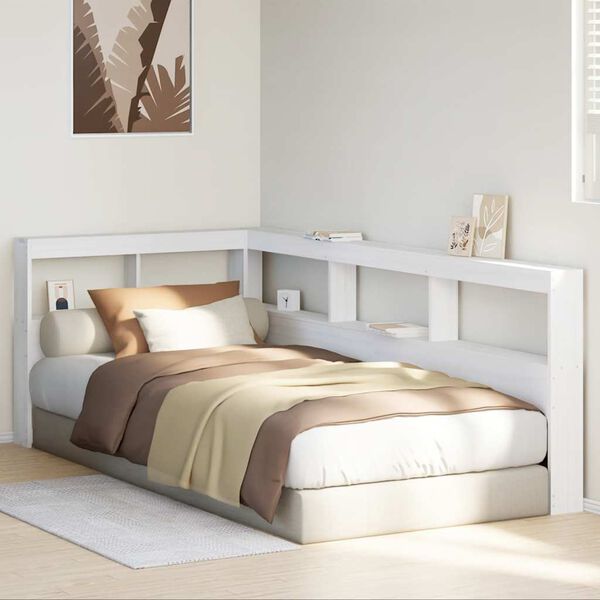 vidaXL Bokhylle sengegavl L-formet hvit 75 cm heltre furu