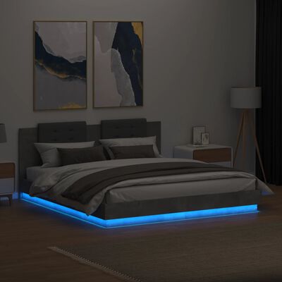vidaXL Sengeramme med hodegavl og LED-lys betonggrå 160x200 cm