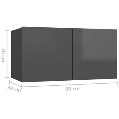 vidaXL Hengende TV-benker 3 stk høyglans grå 60x30x30 cm