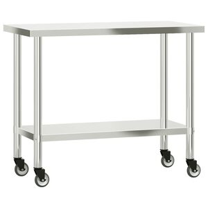 vidaXL Kj&oslash;kkenbenk med hjul 110x55x85 cm rustfritt st&aring;l