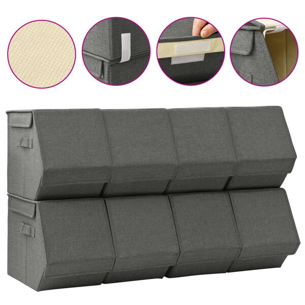 vidaXL Stablebare oppbevaringsbokser med lokk 8 stk stoff antrasitt