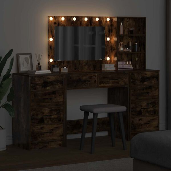vidaXL Sminkebord med speillys med skuff 3 pcs R&oslash;kt eik Konstruert tre