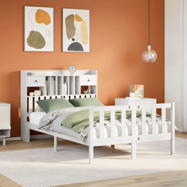 vidaXL Seng med bokhylle uten madrass hvit 135x190 cm heltre furu