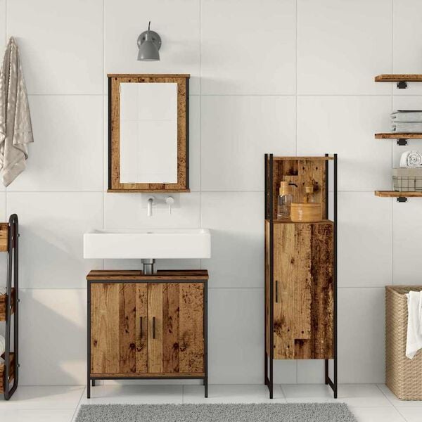 vidaXL Baderomsinnredningssett med d&oslash;r 3 pcs Brun 33 x 33 x 120.5 cm