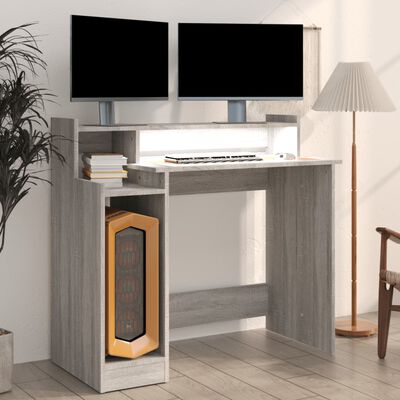 vidaXL Skrivebord med LED-lys grå sonoma 97x45x90 cm konstruert tre