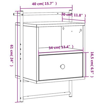 vidaXL Nattbord veggmontert grå sonoma 40x30x61 cm konstruert tre