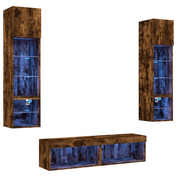 vidaXL Vegghengte TV-enheter med LED 6 deler røkt eik konstruert tre