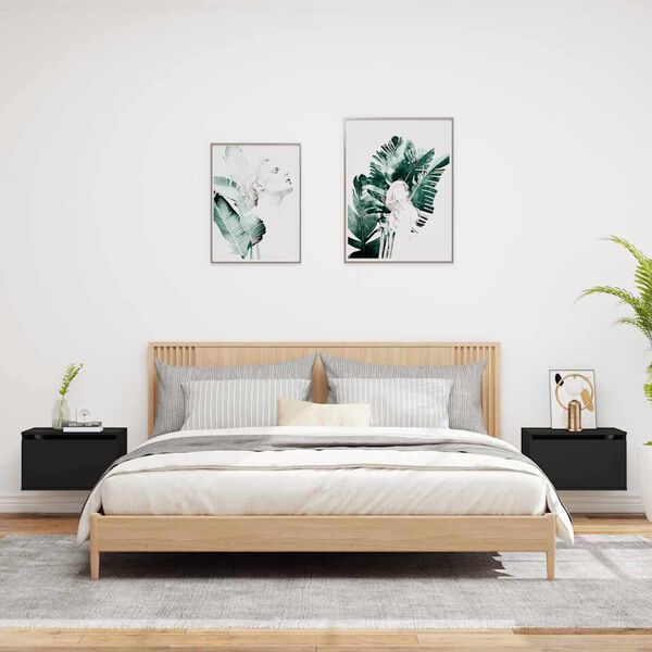 vidaXL Vegghengte nattbord med LED-lys 2 stk svart