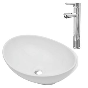 vidaXL Baderomsvask med kran keramisk oval hvit