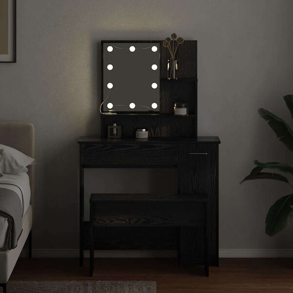 vidaXL LED Sminkebordsett med speillys 2 pcs Svart Eik Konstruert tre