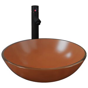 vidaXL Baderomsvask med kran og trykkavløp brunt herdet glass